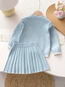 6個月-3歲女嬰圓領波浪下擺蝴蝶結裝飾百褶裙2件套，嬰兒幼兒秋冬針織套裝，可愛女童外出穿搭 - 淺藍色 - 查看 2