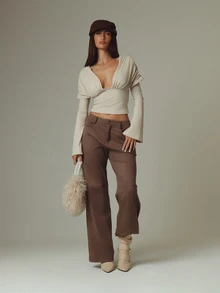 MUSERA Cream Ruched Shoulder Detail Long Sleeve Deep V Neck Top Fall Autumn Winter Casual Style Outfits - Khaki - View 2