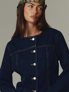 MUSERA Blue Denim Wash Asymmetric Button Down Jacket Fall Autumn Winter Casual Style Outfits - Dark Wash - View 4