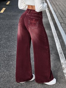 SHEIN Tall 女款時尚十字裝飾直筒寬鬆百搭牛仔褲，適合高個女性 - 紅色 - 查看 7
