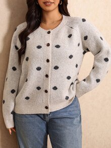 Elaquor Plus Size Women's Polka Dot Pattern Long Sleeve Single-Breasted Casual Knit Cardigan Winter - Apricot - View 6