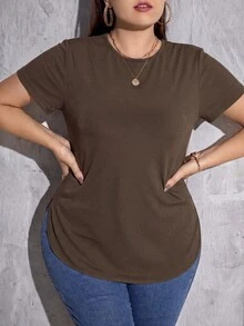 SHEIN Essnce Plus Size Minimalist Short Sleeve Side Slit T-Shirt For Daily Wear - Brown - View 1