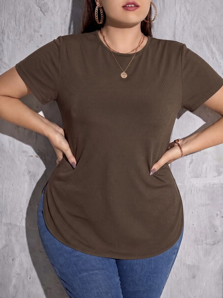 SHEIN Essnce Plus Size Minimalist Short Sleeve Side Slit T-Shirt For Daily Wear - Brown - View 1