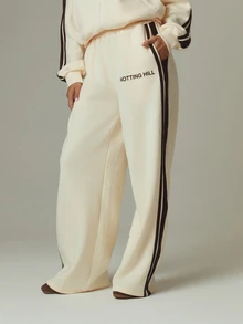 MUSERA Cream Contrast Graphic Detail Straight Leg Joggers Fall Autumn Winter Casual Style Outfits - Yellow - View 2