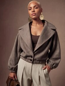 SHEIN Lunessa Women's Loose Fit Oversized Lapel Herringbone Wool Blend Commuter Coat, Autumn/Winter - Coffee Brown - View 1