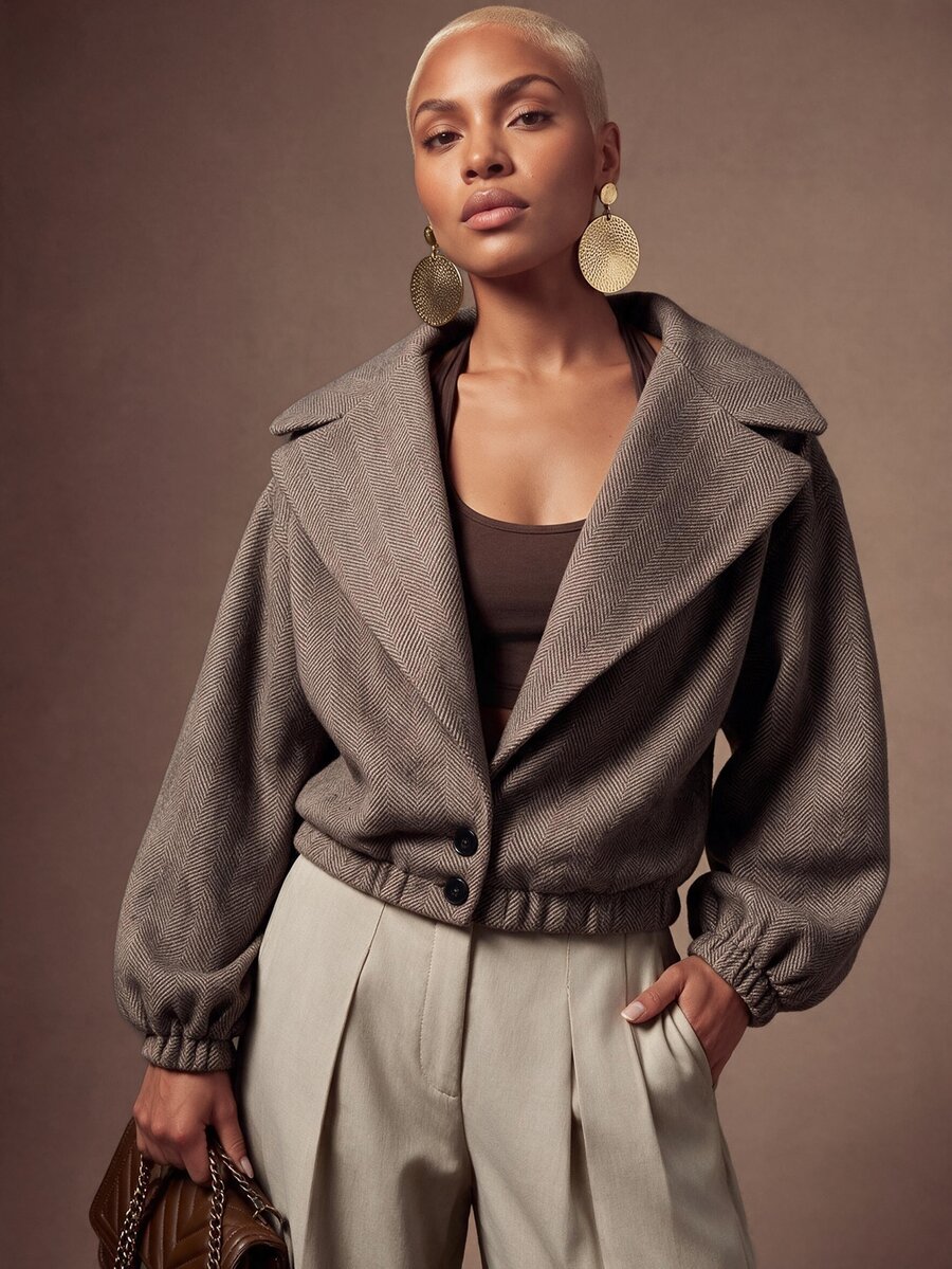 SHEIN Lunessa Women's Loose Fit Oversized Lapel Herringbone Wool Blend Commuter Coat, Autumn/Winter - Coffee Brown - View 1