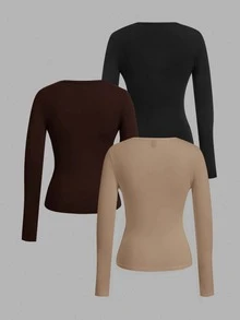 SHEIN EZwear 3件組女款素色V領長袖休閒T恤 - 彩色 - 查看 2