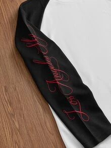 SWAVVY 男士刺繡對比色圓領長袖T恤，休閒款 - 紅色 - 查看 3