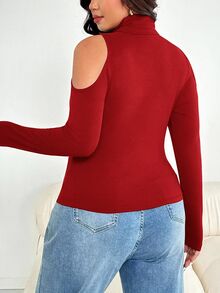 SHEIN Essnce 大尺碼女款時尚休閒高彈力舒適日常基礎百搭修身黑色高領修身上衣，打底上衣，工作上衣，春秋款 - 紅色 - 查看 2