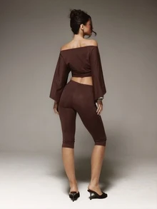 MUSERA Draped Off The Shoulder Top With Fitted Capris Two Pieces Coord Winter Fall Cute Autumn Sexy Night Out Party Going Out Low Lights - Coffee Brown - View 4