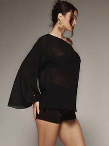 MUSERA Sheer Off The Shoulder Flowy Top Winter Fall Cute Autumn Sexy Night Out Party Going Out Low Lights - Black - View 4