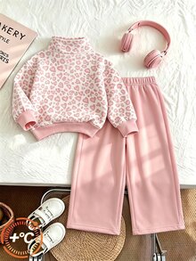 SHEIN 女童 2 件套休閒時尚春/秋/冬款立領運動衫與寬腿運動長褲套裝，適合秋冬日常、街頭、新風格、時髦女孩、校園時尚返校穿搭 - 彩色 - 查看 2