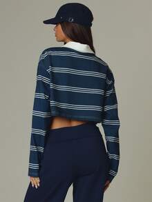 MUSERA Blue Stripe Contrast Cropped Long Sleeve Top Fall Autumn Winter Casual Style Outfits - Navy Blue - View 5