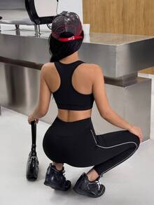 Muchica Women's Solid Color Cropped Top And Long Pants Casual Daily Sports Set - Black - View 2