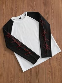 SWAVVY 男士刺繡對比色圓領長袖T恤，休閒款 - 紅色 - 查看 1