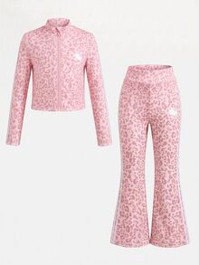 SHEIN 女童小女孩 2 件組立領拉鍊純色長袖上衣與長褲套裝，適合休閒、日常與校園穿著，適用春夏秋季 - 粉色 - 查看 2