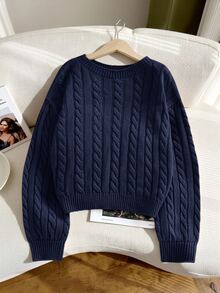 SHEIN Tween Girl Casual Solid Color Dropped Shoulder Loose Textured Knit Cropped Sweater, Autumn/Winter Kids - Blue - View 8