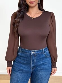 Shapeblank Women's Plus-Size Brown Long-Sleeve Bodysuit – Stylish, Stretchy, & Comfortable For Fall/Winter – Chiffon Panel Detail,Curve Clothes,Fall Outfits - Brown - View 5