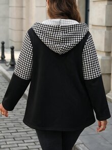 Yalmera 大尺碼女款千鳥格休閒日常連帽外套 - 黑與白 - 查看 2