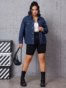 SHEIN EZwear Plus Size Women's Long Sleeve Single-Breasted Casual Denim Jacket - Blue - View 3