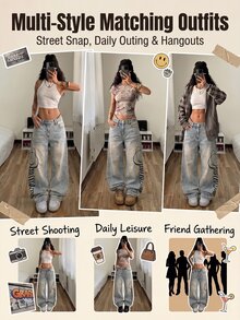 StreetHx 女款休閒日常牛仔褲，附口袋、鈕扣與字母圖案 - 藍色 - 查看 11