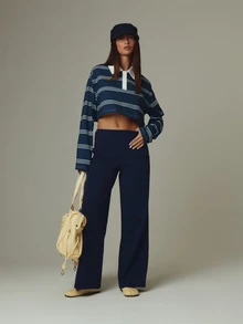 MUSERA Blue Stripe Contrast Cropped Long Sleeve Top Fall Autumn Winter Casual Style Outfits - Navy Blue - View 2