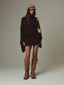 MUSERA Brown Drape Oversized Mini Dress Fall Autumn Winter Casual Style Outfits - Coffee Brown - View 2