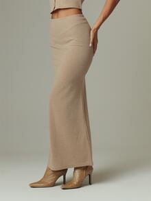 MUSERA Beige Button Down Shorts Sleeve Top And Mid Rise Maxi Length Skirt Co Ord Sold As Set Autumn Winter - Khaki - View 4