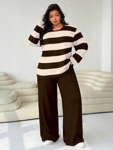 SHEIN EZwear Plus Size Women's Loose Round Neck T-Shirt And Wide Straight Leg Pants Two Pieces Set Fall - Brown - View 5