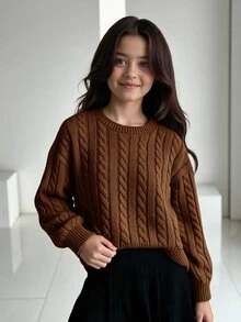 SHEIN 女童休閒純色落肩寬鬆針織短版毛衣，秋冬童裝 - 咖啡棕 - 查看 7