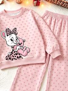 Young Girl Cute Heart Bunny Pullover Sweatshirt And Wide Leg Pants 2Pcs Outfit Set For Outing Wear Casual Christmas Halloween Clothes - Multicolor - View 4