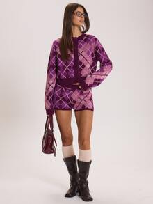 MUSERA Checkered Button Through Crewneck Knitted Jumper Autumn Winter Fall Cute Everyday Coolgirl Mullburn Hill - Purple - View 2