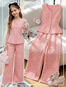 SHEIN Tween Girls 2pcs/Set : Blue Tank Top And Pants, Children's Casual Elegant White Glossy Jacquard Pearl Button Cardigan With Long Pants... - Pink - View 1