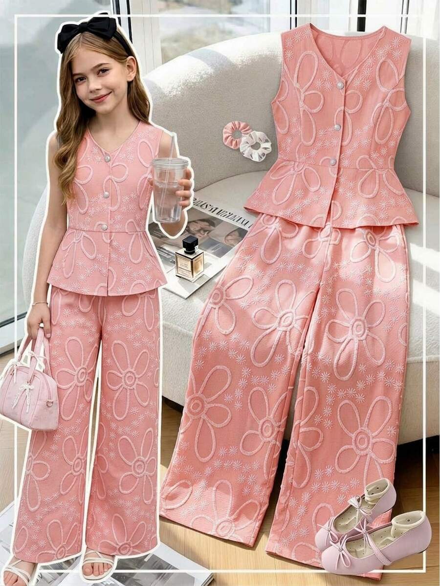 SHEIN Tween Girls 2pcs/Set : Blue Tank Top And Pants, Children's Casual Elegant White Glossy Jacquard Pearl Button Cardigan With Long Pants... - Pink - View 1
