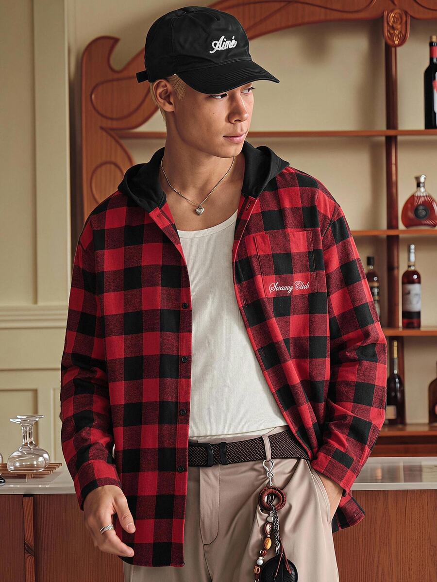 SWAVVY 1pc Oversized Cotton Plaid Print Drop Shoulder Shirt - Red - View 1