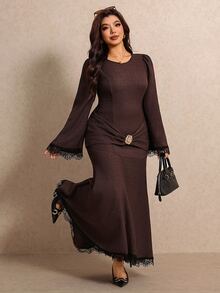 Elaquor Plus Size Women's Round Neck Puff Long Sleeve Contrast Lace Elegant Dress - Coffee Brown - View 1