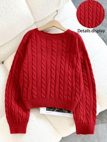 SHEIN Tween Girl Casual Solid Color Dropped Shoulder Loose Textured Knit Cropped Sweater, Autumn/Winter Kids - Red - View 6