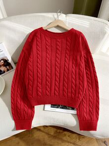 SHEIN Tween Girl Casual Solid Color Dropped Shoulder Loose Textured Knit Cropped Sweater, Autumn/Winter Kids - Red - View 8