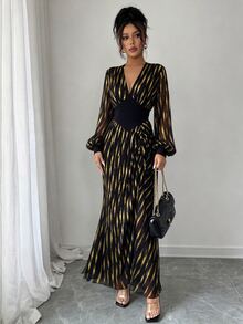 Elenzga Deep V Neck Long Sleeve Slit Sexy Elegant Dress Dinner Black N Gold Fall - Multicolor - View 4