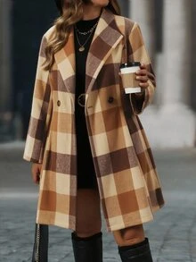 Easura Plus Size Casual Lapel Long Sleeve Plaid Pattern Pocket Overcoat - Multicolor - View 1