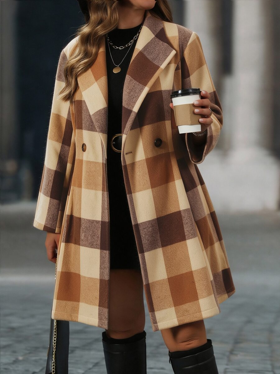 Easura Plus Size Casual Lapel Long Sleeve Plaid Pattern Pocket Overcoat - Multicolor - View 1