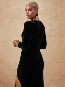 SHEIN Lunessa Velvet V-Neck High Slit Gold Long Tassel Bodycon Party Dress - Black and Gold - View 2
