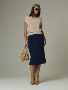 MUSERA Blue Wash Denim Low Rise Midi Skirt Fall Autumn Winter Casual Style Outfits - Blue - View 1