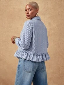 SHEIN Lunessa Women's Blue And White Striped Loose Long Sleeve Collared Shirt With Ruffle Hem - Blue and White - View 2