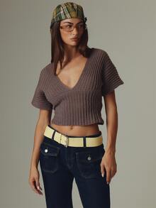MUSERA Brown Knit Deep Plunge Short Sleeve Top Fall Autumn Winter Casual Style Outfits - Grey - View 1