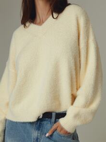 MUSERA Yellow V Neck Oversized Long Sleeve Sweater Top Fall Autumn Winter Casual Style Outfits - Light Yellow - View 5