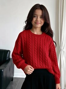 SHEIN Tween Girl Casual Solid Color Dropped Shoulder Loose Textured Knit Cropped Sweater, Autumn/Winter Kids - Red - View 1