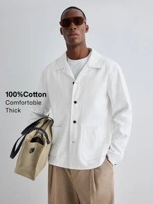 Merionis Men's Solid Color Long Sleeve Single-Breasted Casual Pocket Shacket - White - View 1