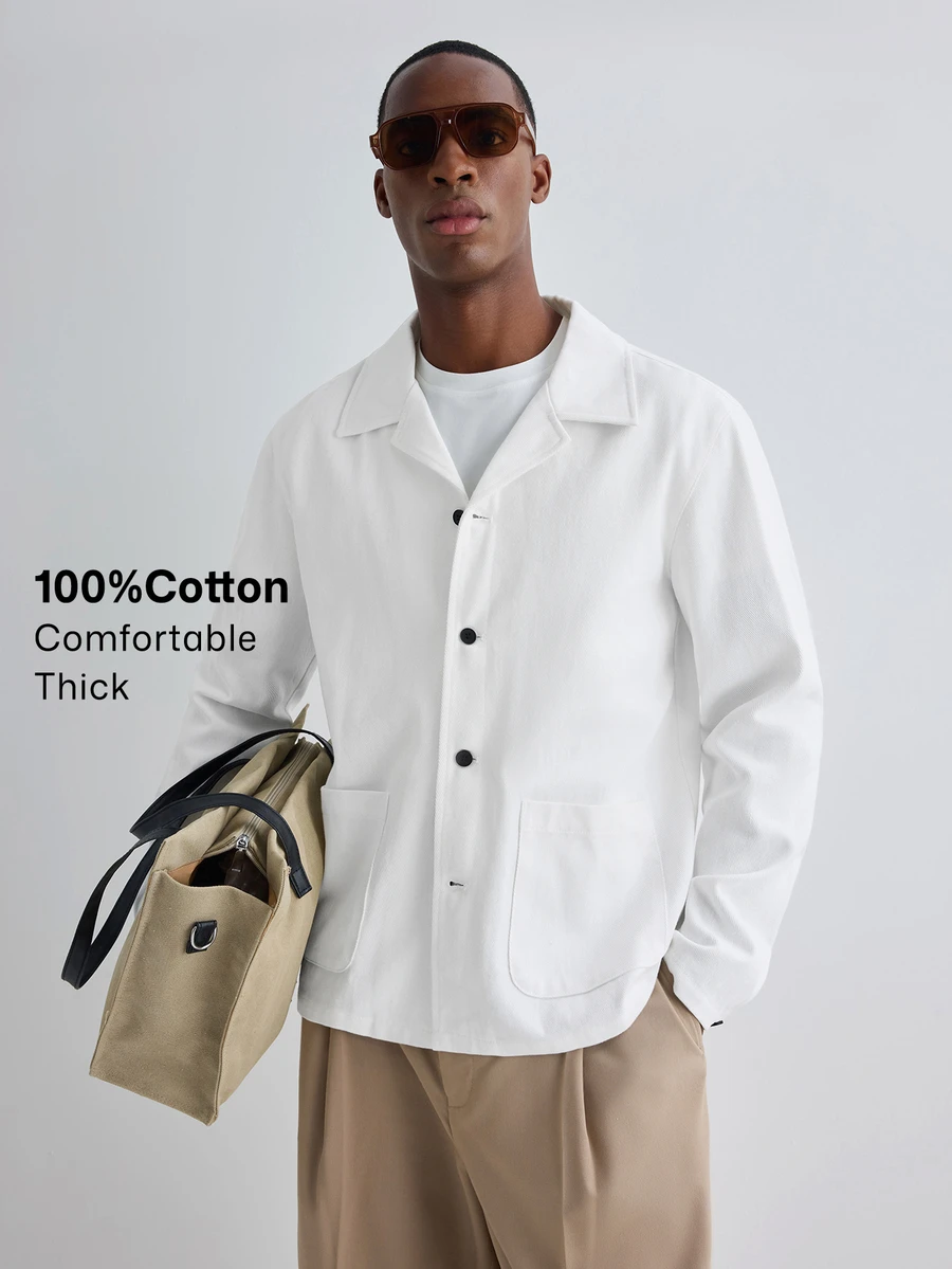 Merionis Men's Solid Color Long Sleeve Single-Breasted Casual Pocket Shacket - White - View 1