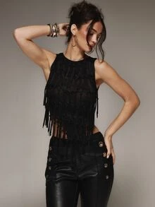 MUSERA Fringed Knitted Sleeveless Top Winter Fall Cute Autumn Sexy Night Out Party Going Out Halloween Low Lights - Black - View 1